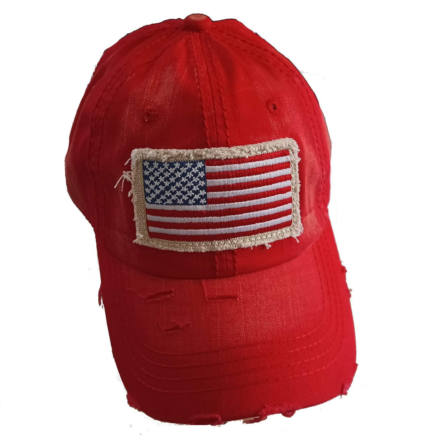 A red baseball cap with a flag patch