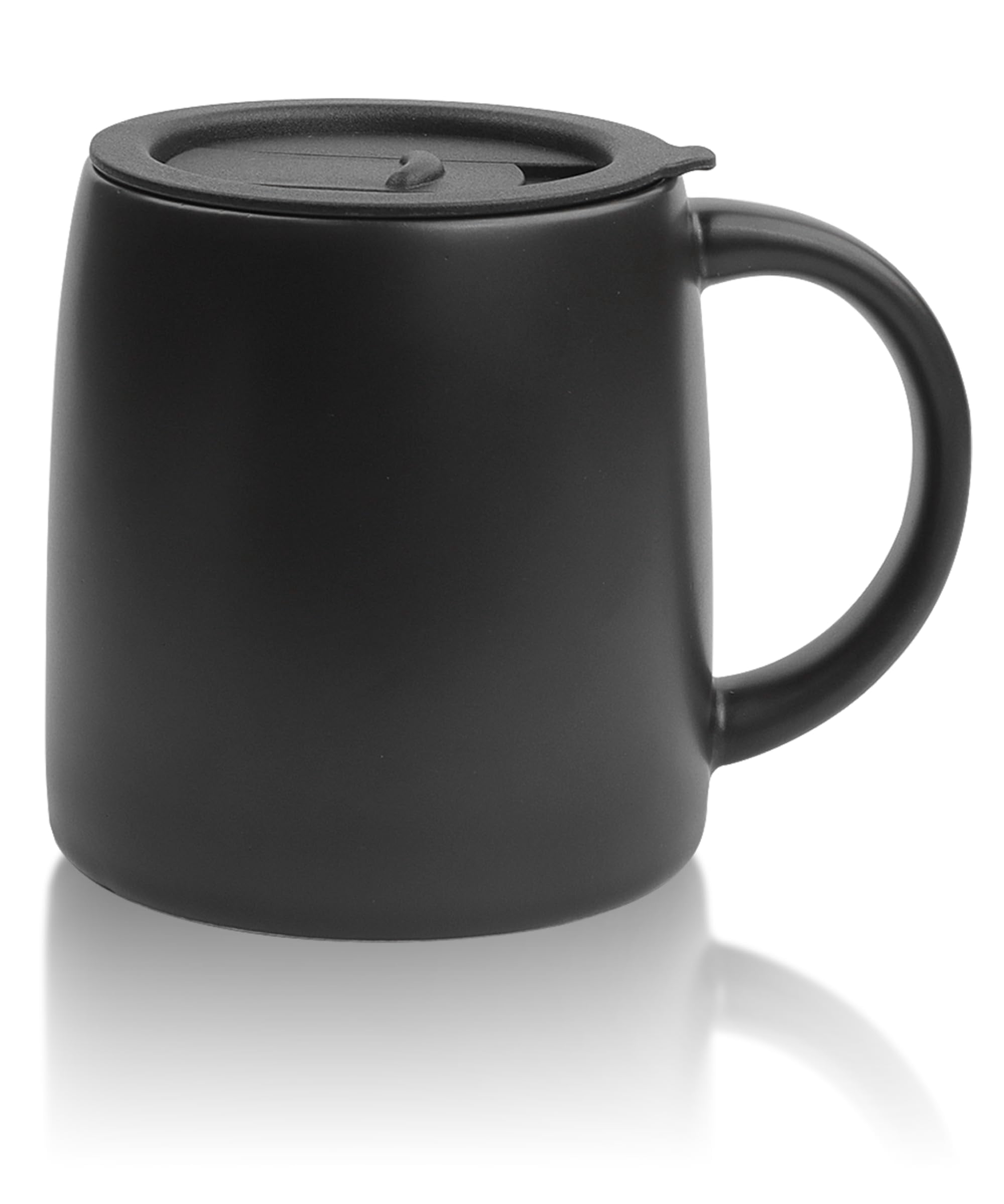 A matte black ceramic mug with lid